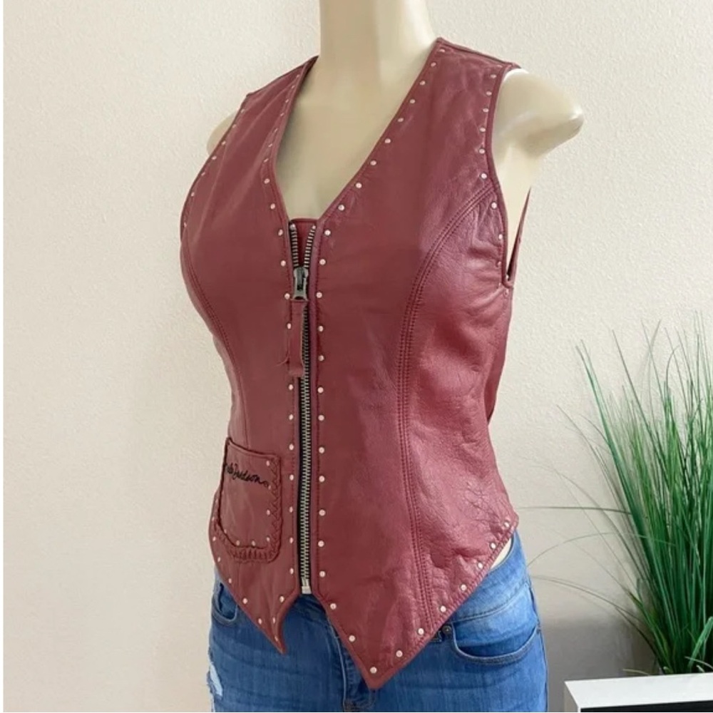 HARLEY-DAVIDSON | Red Genuine Leather Moto Studded Zip Up Women’s Vest Sz Large - Picture 3 of 15